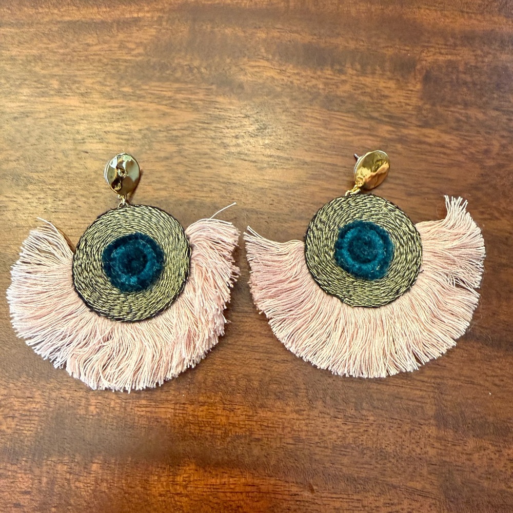 J.Crew Fringe Statement Earrings Pink Teal Boho Tassel